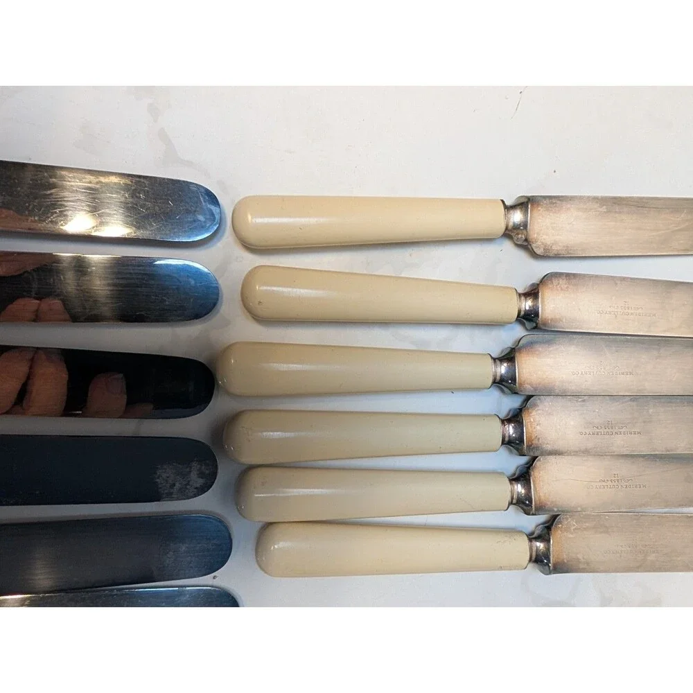 Antique Meriden Cutlery Celluloid Patent Ivory Dessert Knives Boxed 12